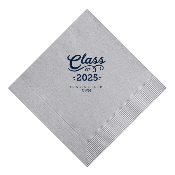 The Swirly Class of Graduation Name Napkin design exudes celebratory energy. A playful, swirling script for "Class" and an expansive flourish underneath capture the joy of graduation. Congratulatory wishes and school initials below, accented with light beams, amplify this napkin's vibrant and spirited design.