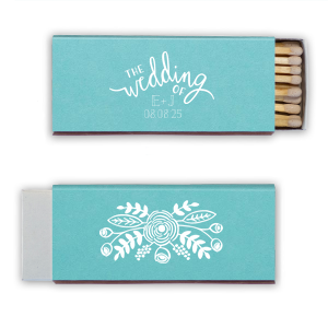 The Floral Crown Matchbox design radiates homespun whimsy with its simple, sweet font highlighting the couple's initials and event date. The back enchants with a hand-drawn foliage burst and a central peony, symbolizing the blossoming union and romance of the couple's wedding day.