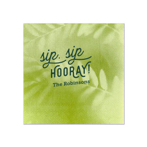 The Retro Sip Sip Napkin design combines whimsy with nostalgia. "sip sip" in an artistic, flourished script evokes a retro feel, while "HOORAY" in bold all-caps exudes celebratory enthusiasm. Below, the family name adds a personal touch to this charming and fun design.