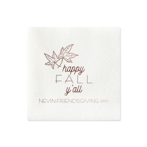 Embrace the cozy season with the Happy Fall Y’All Napkin, adorned with autumn leaves and a welcoming message. This design sets a festive tone for any fall gathering, inviting guests to revel in the charm of the harvest season.