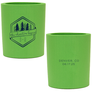 Kick off your lifelong adventure with the Adventure Begins Can Cooler. Featuring a pine tree-framed hexagon and a playful ribbon announcing "The adventure begins," this design captures the thrill of new beginnings. Perfect for couples ready to explore life together.