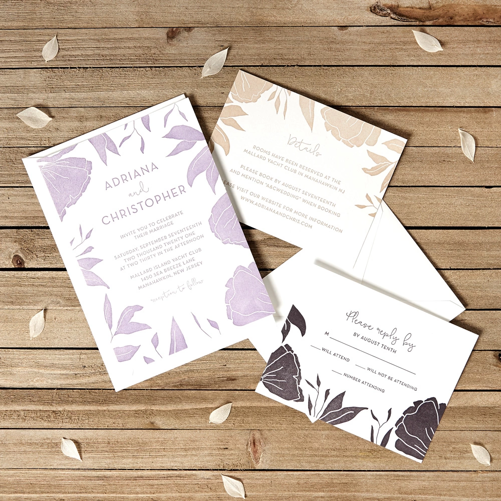 moody Boho Floral Outline wedding invitations suite
