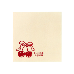 There's nothing sweeter than our Cherry Bow Names Napkin for your next party event! Featuring a duo of cherries tied together by a bow, the design is as cute as you and your lover. Customize the text to make it extra special at your next momentous occasion, be it an engagement, wedding, anniversary or any other celebration of love.