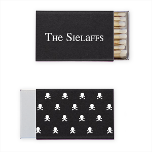 Set sail for fun with the Jolly Roger Matchbox. One side warns with skull and crossbones—Arrr!—while the reverse showcases the hosts' names in pirate flair. Aye Matey, it's the perfect spark to keep your swashbuckling soiree burning brightly without walking the plank!