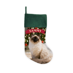 Personalized Custom Photo Stocking with Matte Lipstick Red Ink Digital Print Colors and Matte Ivory Ink Digital Print Colors can be customized to complement every last detail of your party.  Add a photo of your cat or other pet and personalize the banner with their name.  This stocking will look great on your mantel this Christmas