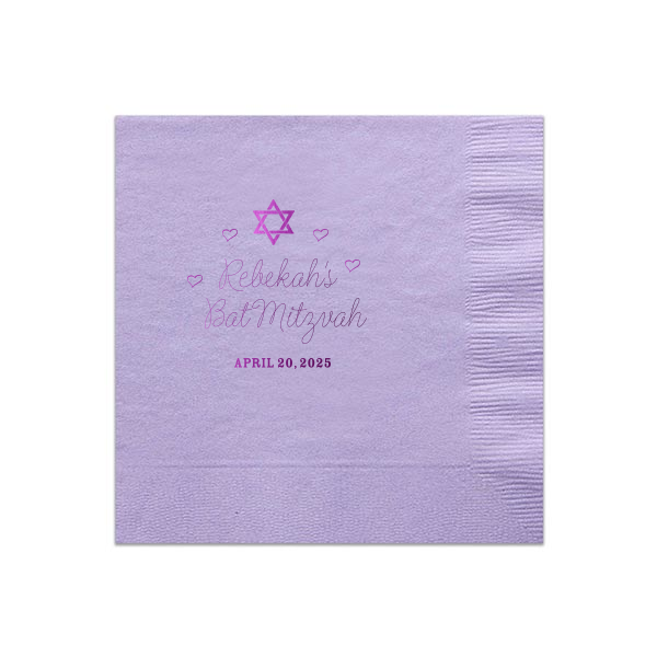 Embrace tradition with a touch of love on the Hearts Bat Mitzvah Napkin, featuring a Star of David amid a cascade of hearts. The celebrant's name and 'Bat Mitzvah' in graceful script, followed by the event date, add a personal flourish to this momentous celebration.