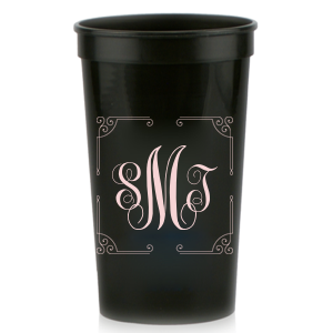Our personalized Black 16 oz Stadium Cup with Matte Blush Ink Cup Ink Colors has a Rococo Frame  graphic and is good for use in Wedding, Birthday and Home  parties and can't be beat. Showcase your style in every detail of your party's theme!