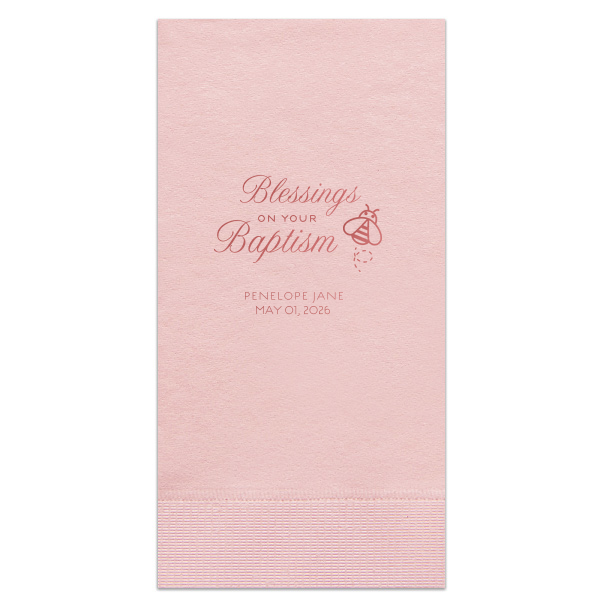 Heartfelt elegance shines through with the Blessings on Your Baptism Napkin. A whimsical bee flutters beside a beautifully scripted blessing, symbolizing the sweetness of God's love and wisdom. Perfect for celebrating this cherished moment with grace and charm.