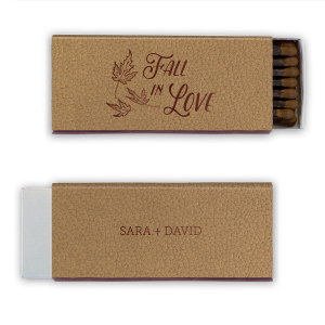 Celebrate the magic of love's season with the Fall in Love Leaves Matchbox. The words drift gently with leaves, symbolizing love as natural and transformative as autumn itself. On the reverse, your names capture this enchanting journey, as your love story thrives amidst nature's vibrant palette.