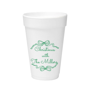Let seasonal spirits overflow this year with the Holiday Bow Ribbon Cup. The festive design is paired with custom text, perfect for family holiday parties or nearly other festive function. 