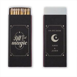 Our custom Glitter NEW Black Classic Matchbox with Shiny Sterling Silver Foil has a Magic Match Front graphic and a Magic Match Back graphic and is good for use in Wedding themed parties and can be personalized to match your party's exact theme and tempo.