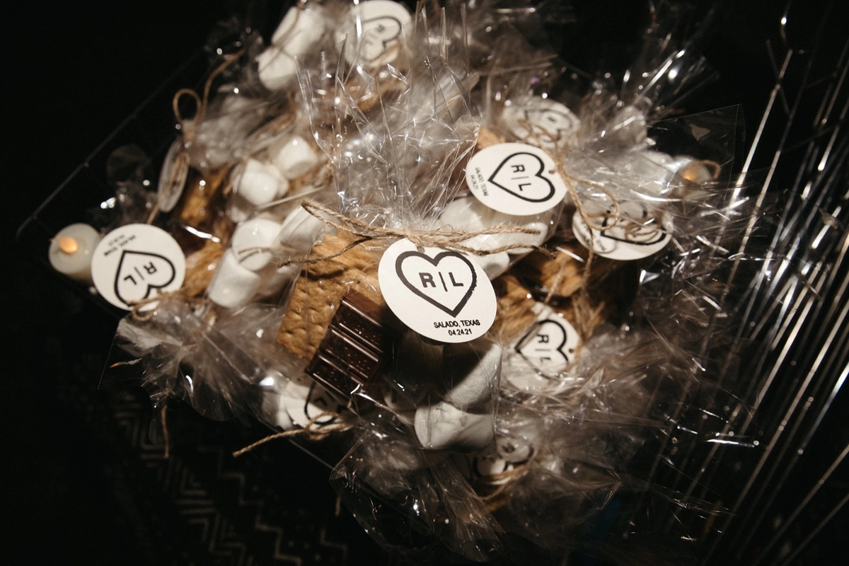 S'mores supplies in a bag with a custom label on it 