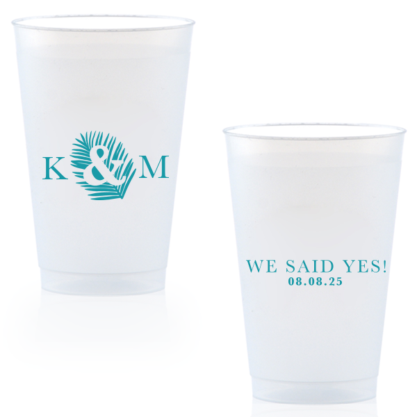 Our beautiful custom 9 oz Frost Flex Cup with Matte Teal/Peacock Ink has an Ampersand Leaf graphic and is good for use in Outdoors, Trendy, Accents themed parties and are a must-have for your next event—whatever the celebration!