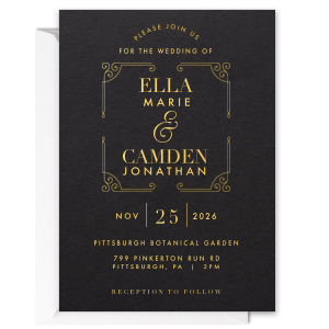 Present a declaration of love with the Regal Wedding Invitation, where an opulent scrolling frame heralds the couple's names. This stately design speaks volumes, promising a wedding event steeped in splendor and royal elegance befitting the momentous occasion.