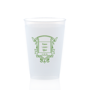ForYourParty's personalized Matte Army Green Ink 12 oz Frost Flex Cup with Matte Army Green Ink Cup Ink Colors has a Crest Regal graphic and is good for use in Floral, Wedding themed parties and can't be beat. Showcase your style in every detail of your party's theme!
