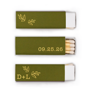 Spark warmth with the Leaf Accent Wedding Match, featuring whimsical hand-drawn leaves for a whimsical botanical touch. Simple initials and the special date adorn this charming matchbox, perfect for sweetening the ambiance of your enchanting wedding day.