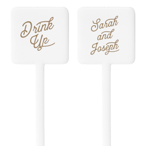 The Celebration Script Stir Stick marries the elegance of your and your partner's names in a bold, timeless typeface on one side, with a cheerful 'Drink Up' message on the other. This stir stick invites guests to enjoy their libations while honoring the couple of the hour. It's a classic addition to any toast at weddings, anniversaries, or engagement parties.