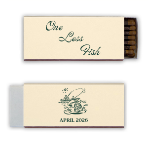 Spark a bit of fun at your bachelor party with the One Less Fish Bachelor Party Matchbook, featuring the playful phrase "One Less Fish" on one side. Personalize the other with the date of your outdoor-themed celebration below a vintage-style graphic of a man fishing from a boat— a perfect nod to the bachelor's last days of single life.