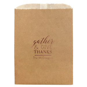 Send guests off with a dash of flair using the Gather & Give Thanks Bag. Its playful font stack energetically spells gratitude, while your family's name underneath seals each bag with warmth, transforming every farewell into a fond, unforgettable note of thanks.
