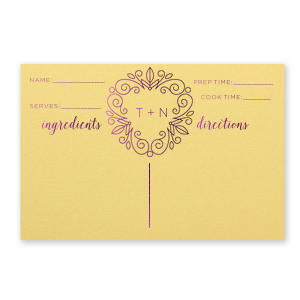 Our custom Poptone Mimosa Recipe Card with Shiny Amethyst Foil has a Letter Frame Invitation graphic and is good for use in Kitchen and Garden themed parties and will look fabulous with your unique touch. Your guests will agree!