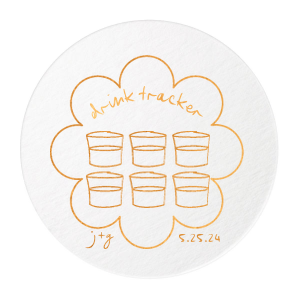 Keep tabs on the evening's libations with the Kitschy Cocktail Hour Drink Tracker Coaster, an inventive element for a whimsical and modern wedding. This unique coaster features floral-framed modern line drawings of glasses, providing a chic way for guests to mark their drink count. Personalize with the couple's initials and wedding date for a functional yet stylish keepsake.