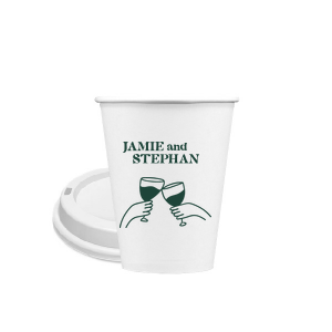 Toast to togetherness with the Cheers to Love Line Art Cup, custom-crafted with the couple's names above a minimalist line drawing of two hands clinking wine glasses. An elegant symbol of celebration for your wedding day.