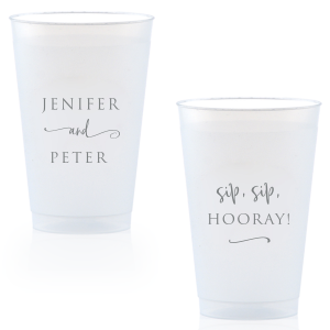 Raise your cups to cheer with the Stacked and Swirled/Sip Sip Hooray Frosted Cup—a design that celebrates love with elegance and a playful twist. Names are gracefully stacked, connected by a swirling flourish, while the reverse side exclaims "Sip Sip Hooray!", infusing joy into every toast.