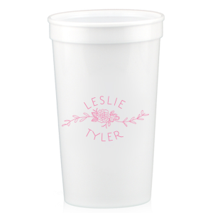 The ever-popular Light Pink 16 oz Stadium Cup with Matte White Ink Cup Ink Colors has a Peony Flourish 2 graphic and is good for use in Floral themed parties and can be personalized to match your party's exact theme and tempo.