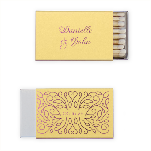 Light the spark of celebration with the Floral Swirl Wedding Matchbox, where the couple's names bloom in scrolling script. The other side whirls with energetic flourishes, framing the event date in an enchanting garden dance, perfect for setting a joyful ambiance.