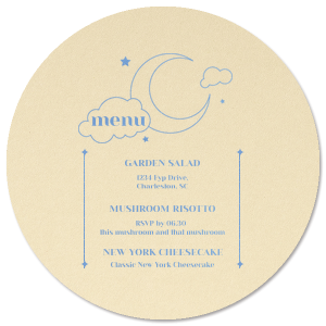 If you are planning a celestial event, this menu is for you! Featuring a night sky motif, you can personalize with what's on the menu and the location of your event. 