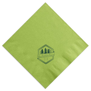 Embark on a journey with the Adventure Begins Trees Napkin. Framed by a hexagonal border, it showcases "the adventure begins" on a banner, flanked by varying evergreen trees. The design, featuring initials with a connecting plus sign, evokes the thrill of new beginnings in nature's embrace.