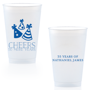 Throw a party to remember with custom barware! Add the guest of honor's name and cheers to many more years with these plastic color cups. Our casual block font and party hat graphics will make these instant party favorites perfect for any birthday.