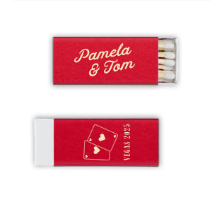 Channeling the iconic glitz of 1950s Las Vegas, the Vegas Baby Cards Matchbox ignites a nostalgic spark with its retro font and playful card illustration. Perfect for a destination wedding, it's a match made in vintage heaven, inviting guests to bet on love and luck in Sin City style.