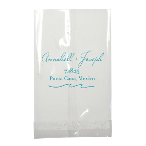 "Embrace the seaside spirit with the Beach Wave Gift Bag featuring a sleek wave design. Personalize with three lines of text to conjure the ocean's rhythm, creating a breezy, bespoke gift experience for your beach-themed celebration.