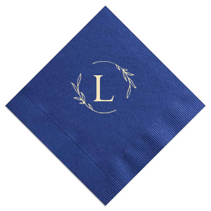 Our beautiful custom Dark Navy Cocktail Napkin with Matte Ivory Foil has a Open Wreath Frame graphic and is good for use in Floral and Wedding themed parties and can be personalized to match your party's exact theme and tempo.