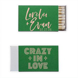 The Crazy In Love Matchbox design melds 1960s vintage charm with contemporary style. Featuring the couple's names in modern vibrant script. With the backside using exhilarating vintage font articulating "Crazy In Love," reflecting their euphoric love journey. A sophisticated yet playful tribute to timeless, exuberant love, it's visually stimulating and emotionally resonant.