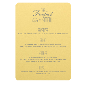 Our custom Poptone Mimosa Classic Menu with Matte Slate Gray Foil has a Flourish graphic and can't be beat. Showcase your style in every detail of your party's theme!