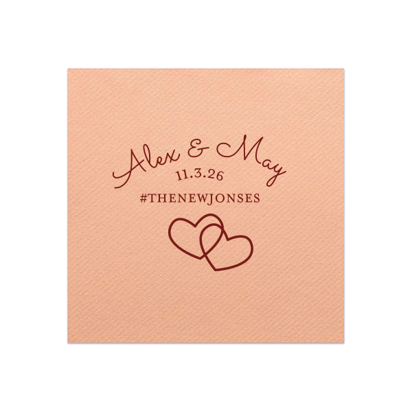Custom Marble Blush Cocktail Napkins - 2 Color with Matte Merlot Foil and Satin 18 Kt. Gold Foil has a Interlocked Hearts graphic and is good for use in Hearts, Pairs, Wedding themed parties and can be personalized to match your party's exact theme and tempo.