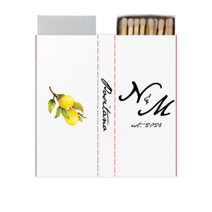 Give your guests a memorable wedding favor with this matchbox! Featuring a watercolor lemon graphic, this custom matchbox can be personalized with the date and location of your wedding. 