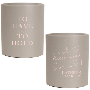 Our personalized Slate Gray Flat Can Cooler with Matte Blush Ink will look fabulous with your unique touch. Your guests will agree!