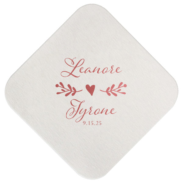 ForYourParty's personalized Eggshell Scallop Coaster with Shiny Rose Quartz Foil has a Twig Flourish graphic and is good for use in Floral and Wedding themed parties and will make your guests swoon. Personalize your party's theme today.