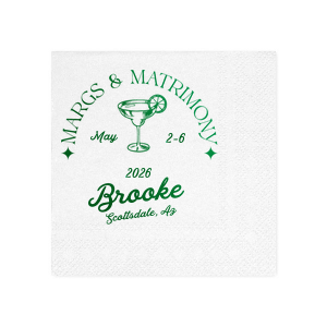 Set the scene for a bachelorette blast with the Margs and Matrimony Bachelorette Party Napkin, customized with the bride-to-be's name in elegant script, and detailed with the party's locale and date. The bold margarita illustration infuses a modern vibe into the festivities.