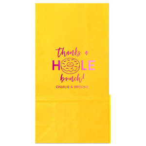 Our personalized White Party Bag with Shiny Fuchsia Foil has a Donut graphic and is good for use in Food, Birthday themed parties and will make your guests swoon. Personalize your party's theme today.