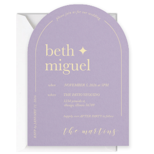 Our custom Poptone Lavender Foil Stamped Invitation with Matte Ivory Foil has a Plain Arch graphic and is good for use in Invitation themed parties and can't be beat. Showcase your style in every detail of your party's theme!