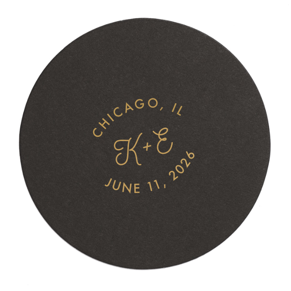Grace each guest's glass with the Wedding Circle Frame Coaster, where the elegance of your wedding's city, state, and date encircles in harmony. The couple’s shared initials, scripted beautifully at the heart, toast to a union framed in love.