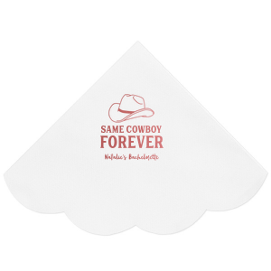 Embrace the wild west with the Same Cowboy Forever Bachelorette Napkin, complete with a charming cowboy hat illustration above the playful declaration "Same Cowboy Forever," followed by the bachelorette's name. A fun, modern twist for the last hoorah.