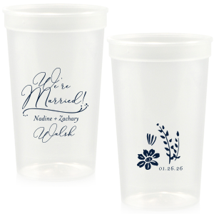 Personalized Powder Blue 16 oz Stadium Cup with Matte Navy Ink Colors has a Fancy Flourish graphic and a Garden Flower Accent graphic and is good for use in Floral and wedding themed parties and can't be beat. Showcase your style in every detail of your party's theme!