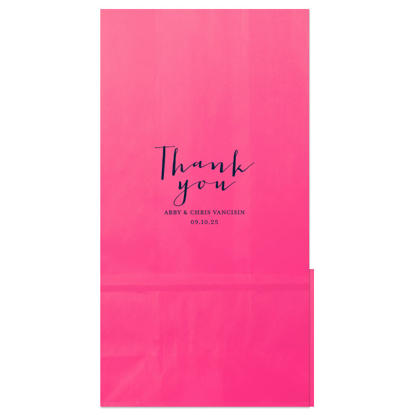 The Grateful Thank You Bag displays a heartfelt 'Thank You' in bold, centered script. Below, the couple's names and event date add a personal touch. This clear cellophane bag, ideal for wedding favors, combines simplicity with gratitude, offering a timeless token of appreciation.