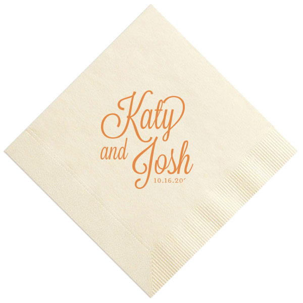 Our custom White Quick Ink Printed Cocktail Napkin with Matte Tangerine Ink  can be personalized to match your party's exact theme and tempo.