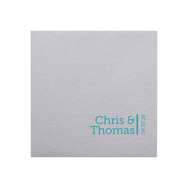 The Simply Elegant Names and Vertical Date Napkin design embodies modern sophistication with a minimalist approach. It features the couple's names beside a bold vertical line that artfully separates them from the event date, printed vertically from bottom to top. This design's clean lines and elegant simplicity make it a refined choice for any celebration.